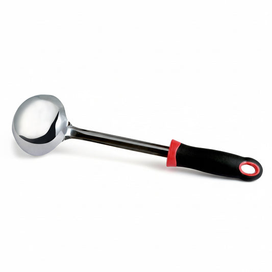 Metal ladle with a black handle and red accent on a white background