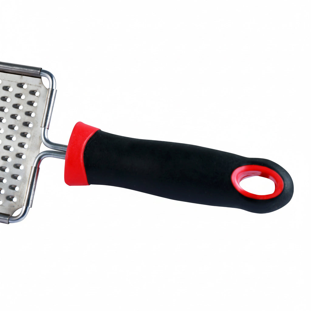 Grater with black handle and red accents on a white background