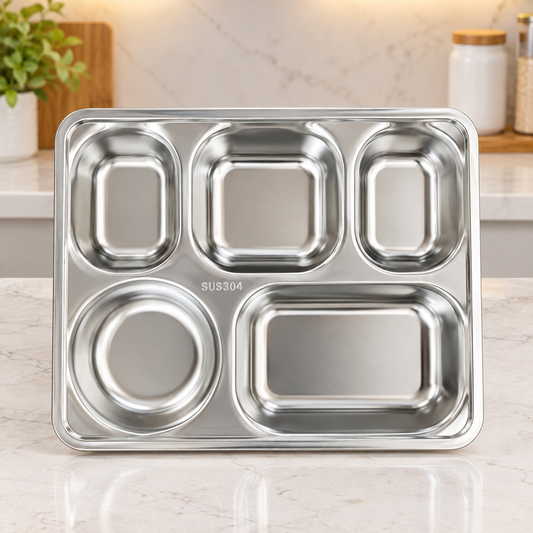 Stainless Steel 5-Compartment Serving Tray with plastic Lid