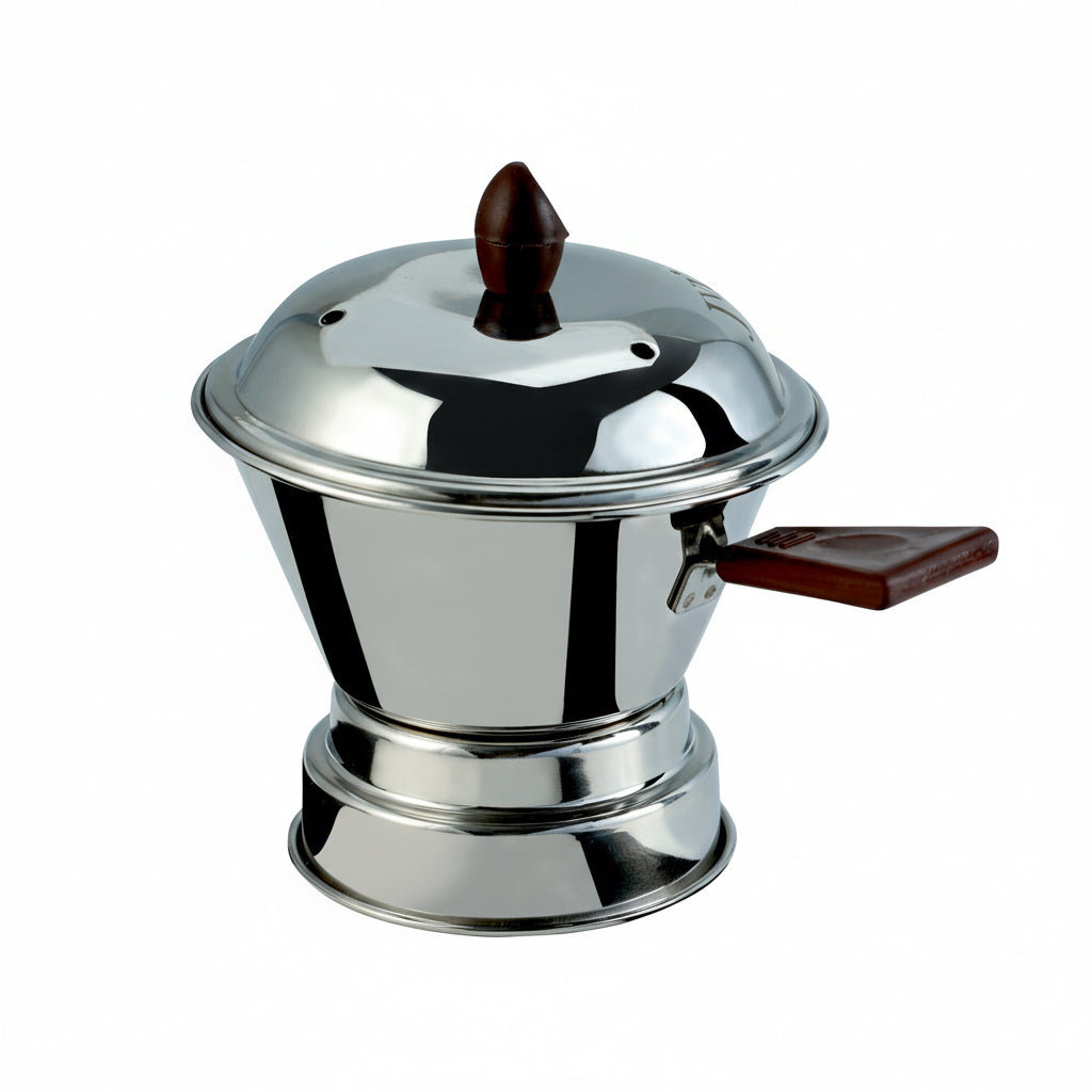 Stainless steel pot with wooden handle on a white background