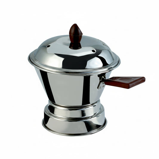 Stainless steel pot with wooden handle on a white background