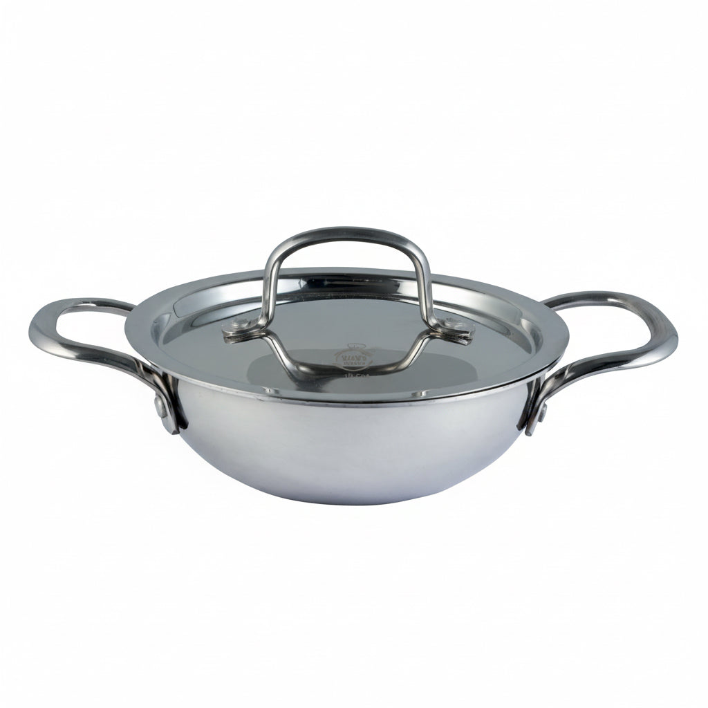 Stainless steel Kadai with lid on a white background