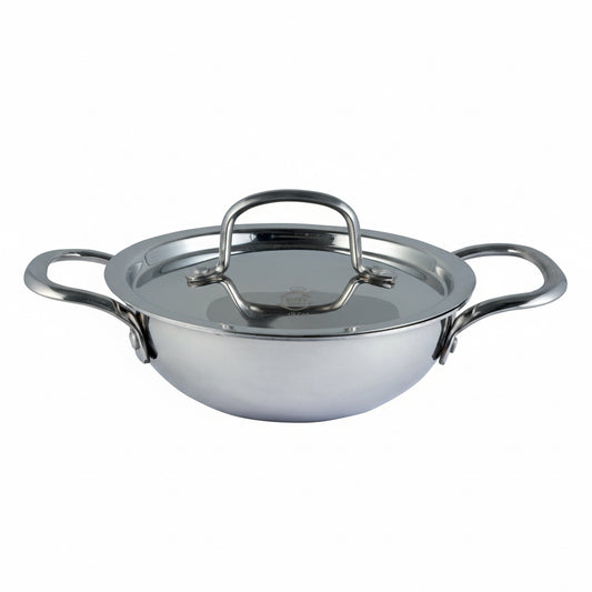 Stainless steel Kadai with lid on a white background