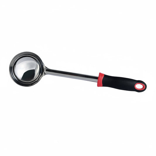 Metal scoop with a black handle and red accent on a white background