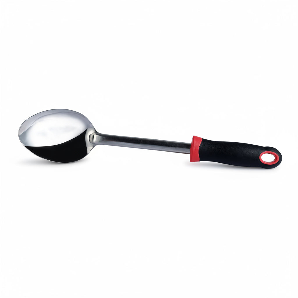 Metal scoop with a black and red handle on a white background
