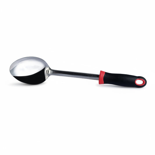Metal scoop with a black and red handle on a white background