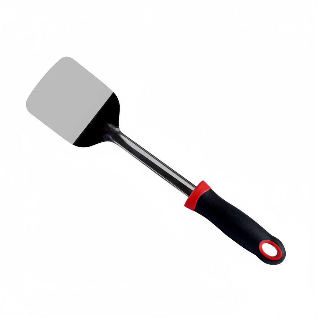Spatula with a black and red handle on a white background