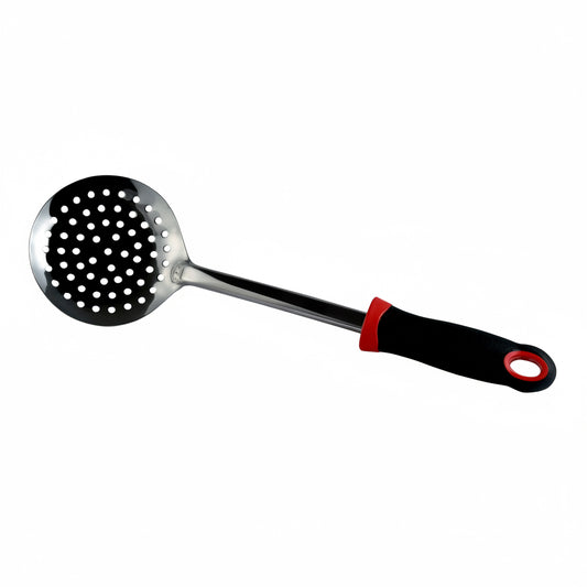 Metallic skimmer with a black and red handle on a white background