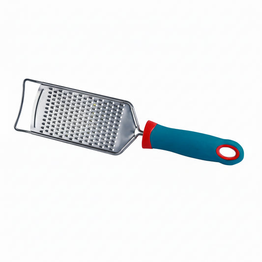 Rectangular metal grater with blue handle on a white background
