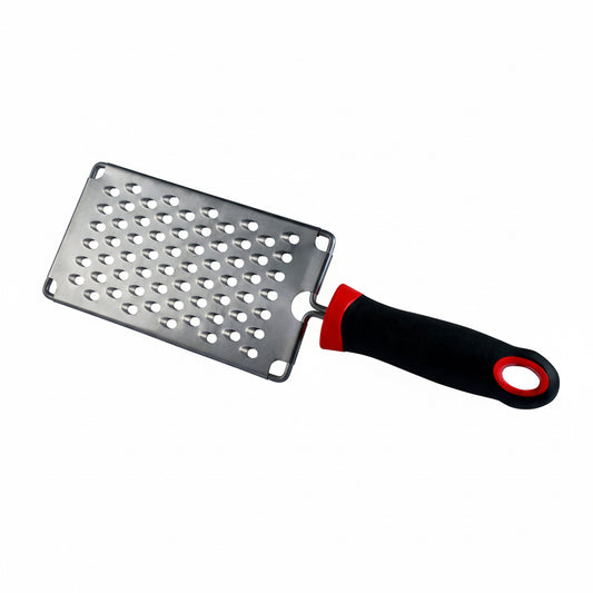 Metal grater with a black and red handle on a white background