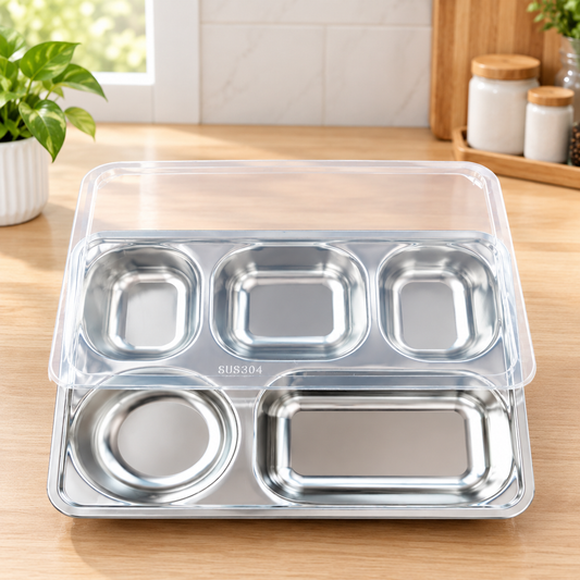 Stainless Steel 5-Compartment Serving Tray with plastic Lid