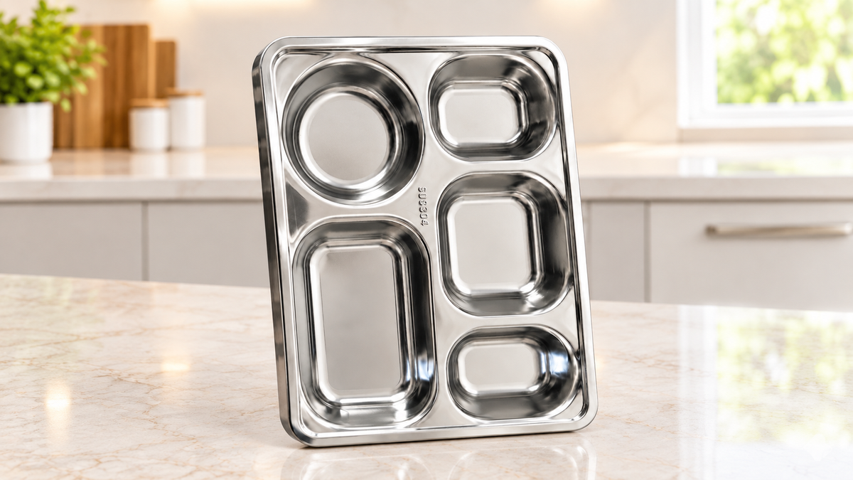 Stainless Steel 5-Compartment Serving Tray with plastic Lid