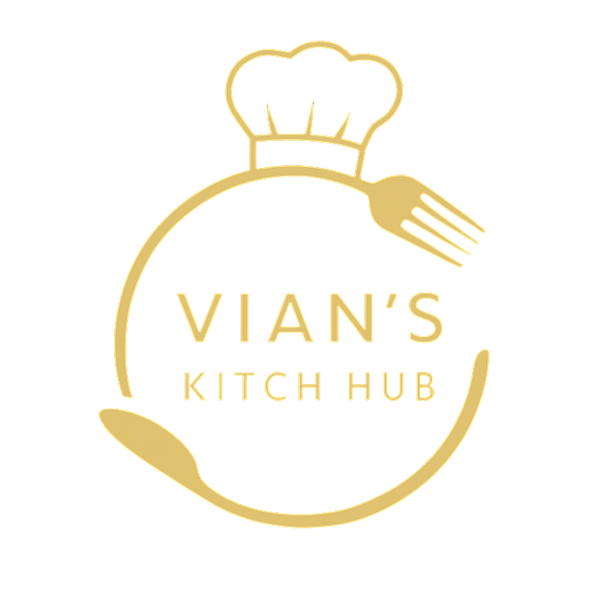 Gold logo of Vian's Kitchen Hub with a chef's hat, fork, and spoon on a white background