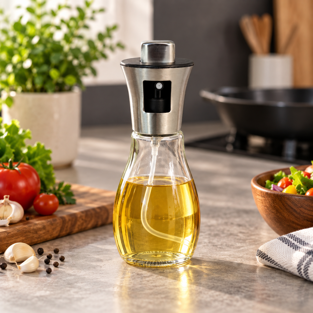 Oil sprayable and pourable bottle